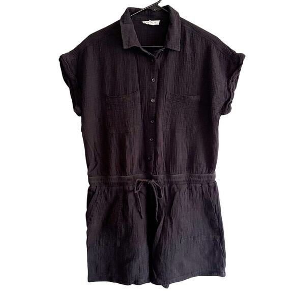 Beach Lunch Lounge Sz L Black Cotton Gauze Romper Drawstring Buttons Pockets - Picture 1 of 13